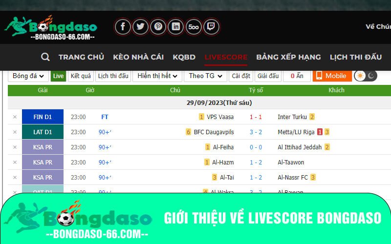 Giới thiệu về Livescore Bongdaso