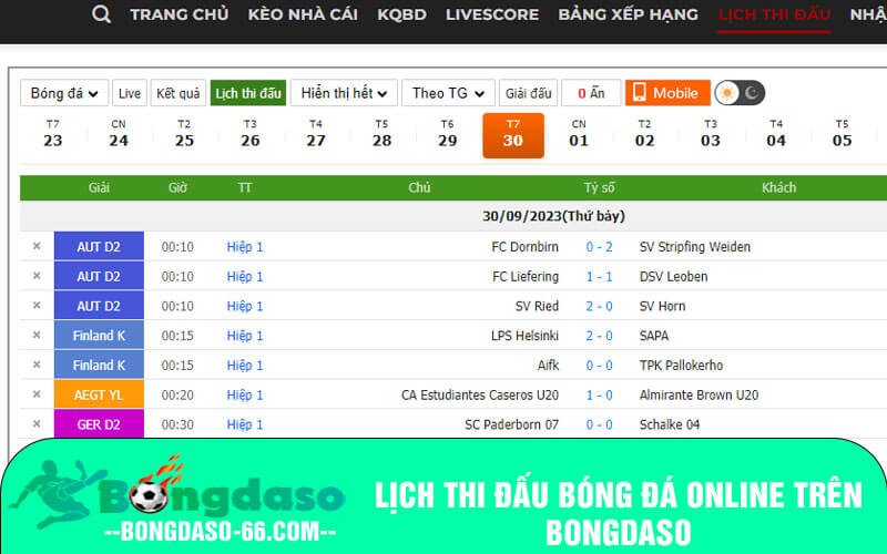 Lịch thi đấu bóng đá online trên Bongdaso